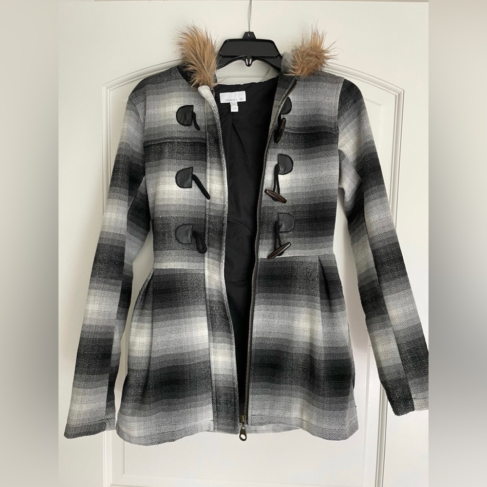 O'Neill Black and Gray Plaid Pea Coat with Faux Fur Hood